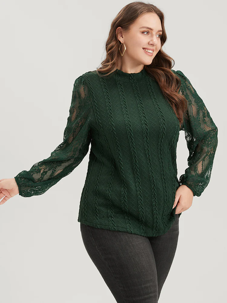 Solid Contrast Lace Cable Knit Long Tee - Image 4