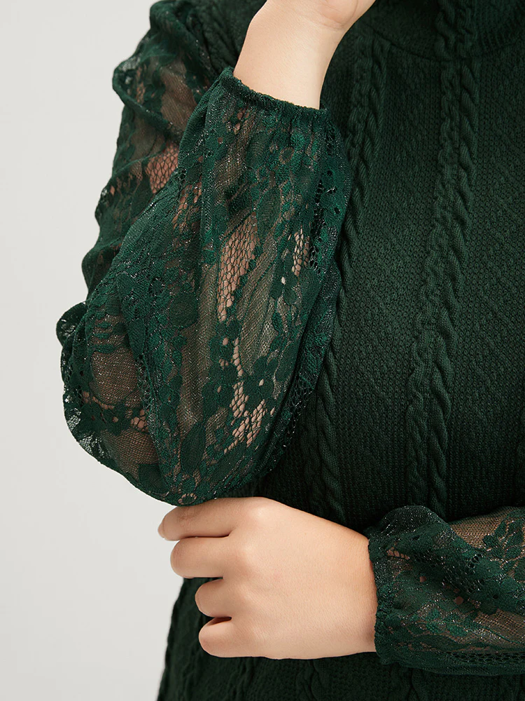 Solid Contrast Lace Cable Knit Long Tee - Image 6