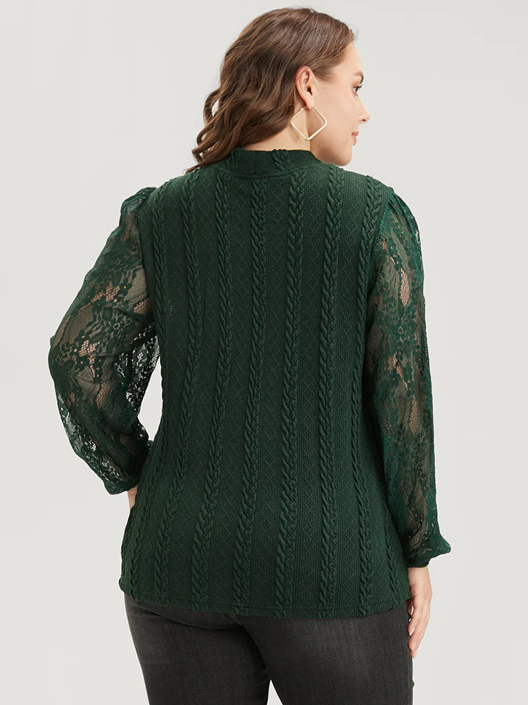 Solid Contrast Lace Cable Knit Long Tee - Image 7