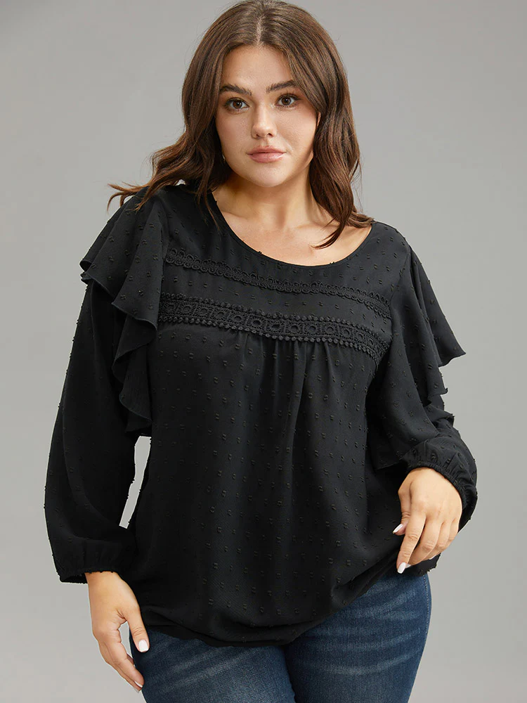 Solid Contrast Lace Tiered Ruffles Blouse - Image 2