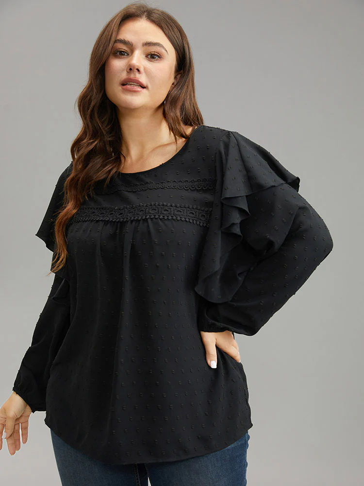 Solid Contrast Lace Tiered Ruffles Blouse - Image 4