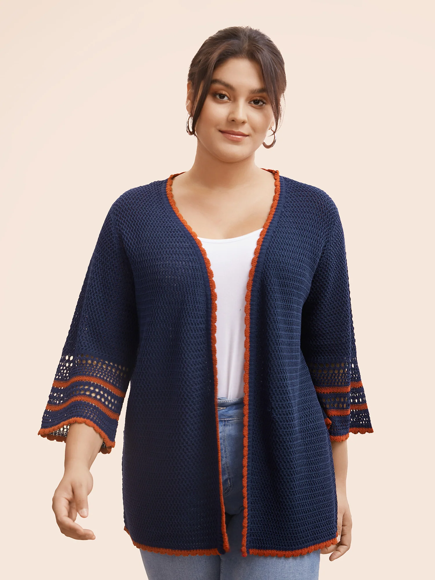 Solid Contrast Trim Bell Sleeve Cardigan