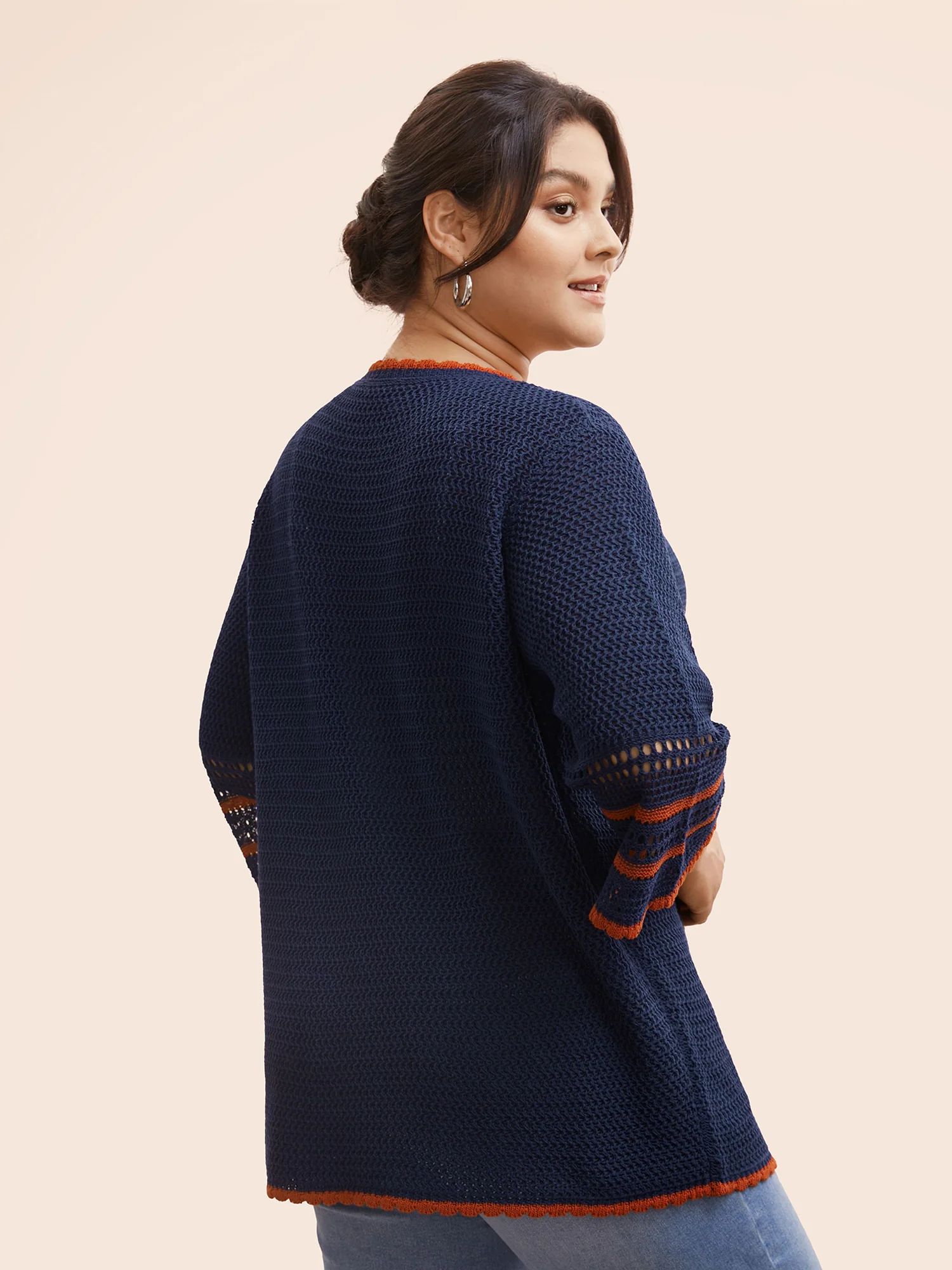 Solid Contrast Trim Bell Sleeve Cardigan - Image 2
