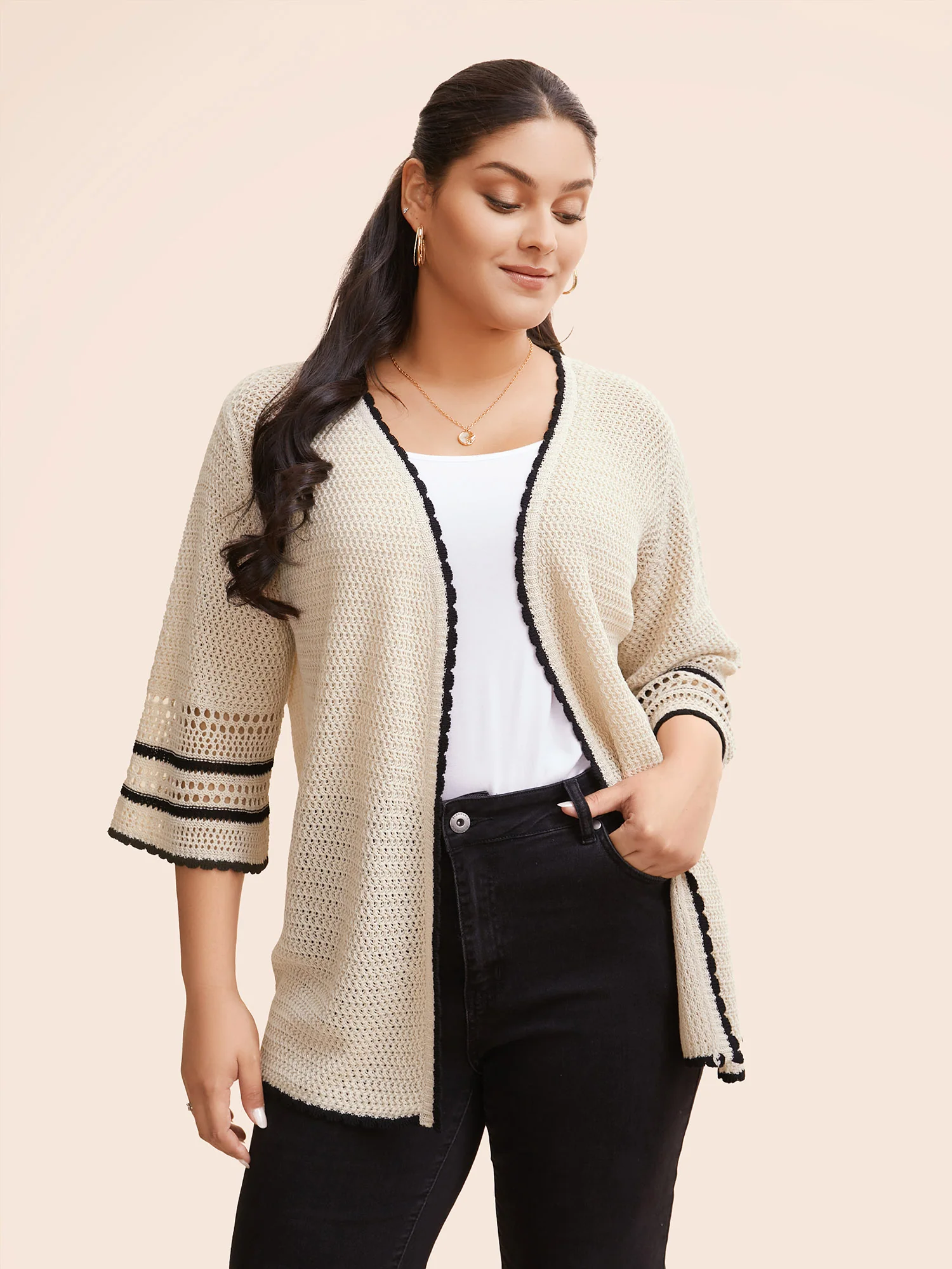 Solid Contrast Trim Bell Sleeve Cardigan - Image 3