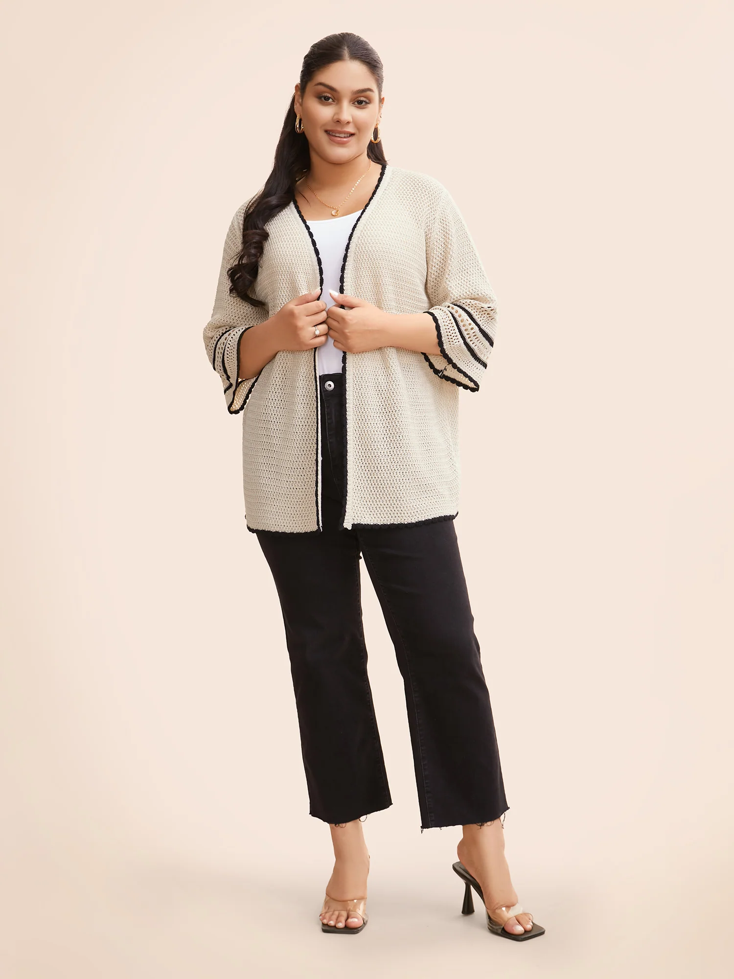 Solid Contrast Trim Bell Sleeve Cardigan - Image 5