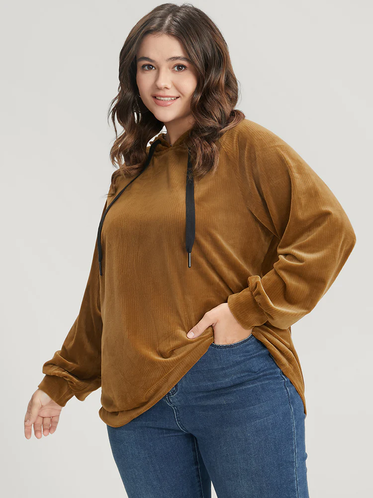 Solid Corduroy Drawstring Hooded Sweatshirt