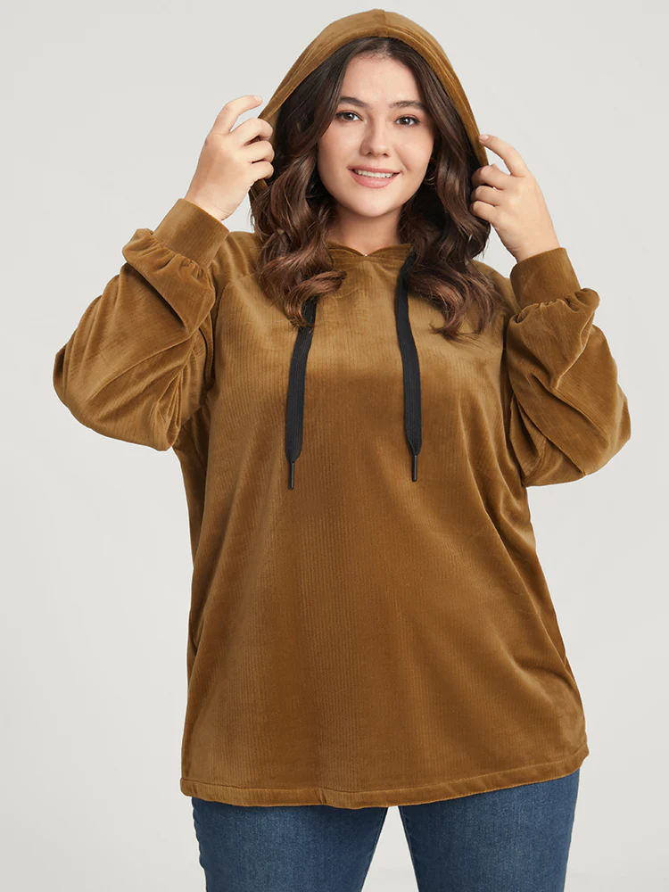 Solid Corduroy Drawstring Hooded Sweatshirt - Image 2