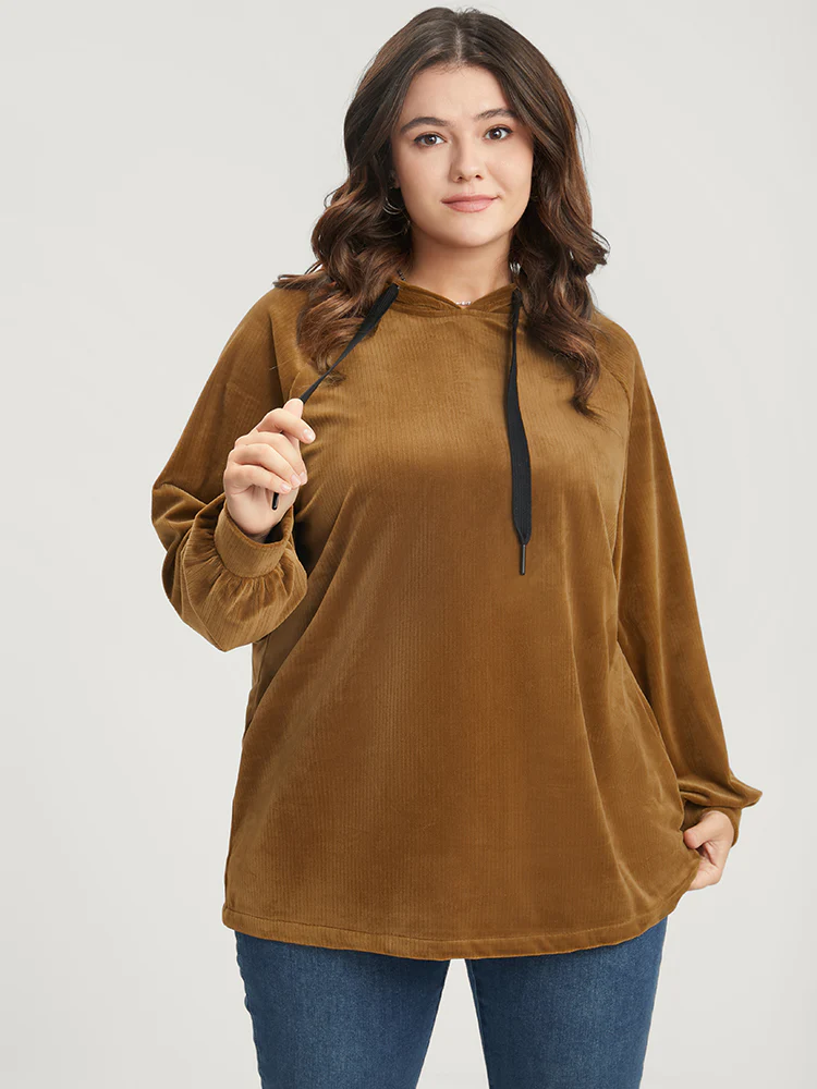 Solid Corduroy Drawstring Hooded Sweatshirt - Image 3