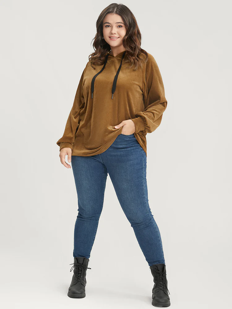 Solid Corduroy Drawstring Hooded Sweatshirt - Image 4