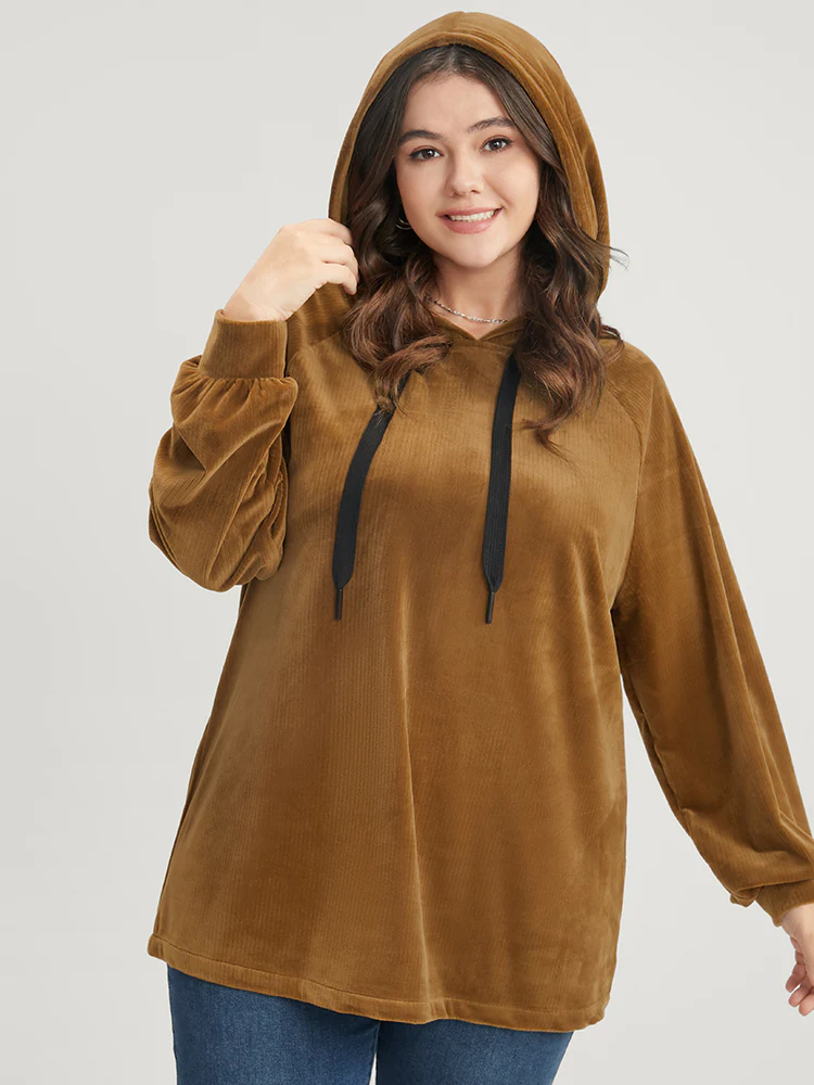 Solid Corduroy Drawstring Hooded Sweatshirt - Image 6
