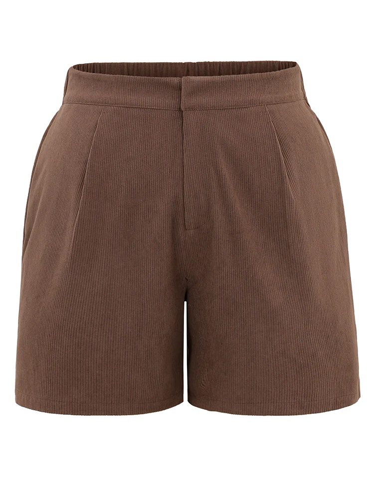 Solid Corduroy Plicated Detail Shorts - Image 5