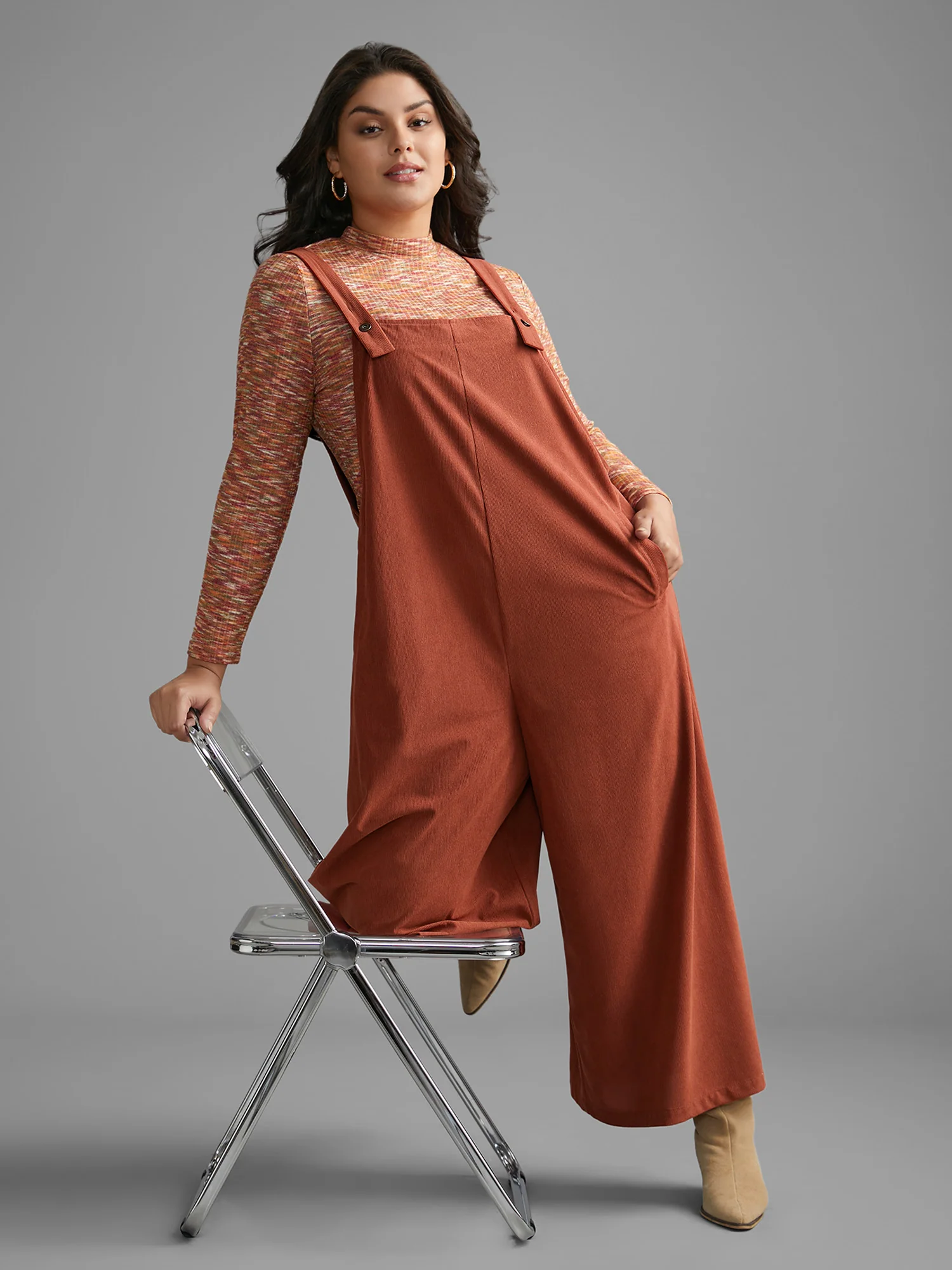 Solid Corduroy Wide Leg Overall - Image 3