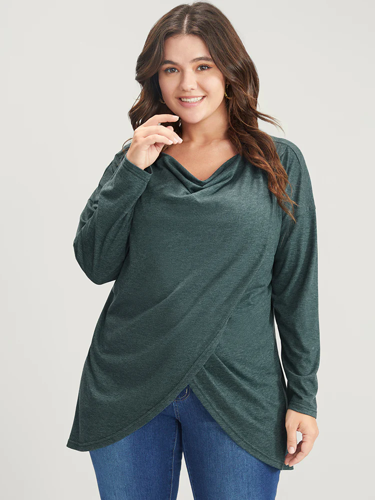 Solid Cowl Neck Asymmetrical Hem Long Tee - Image 2