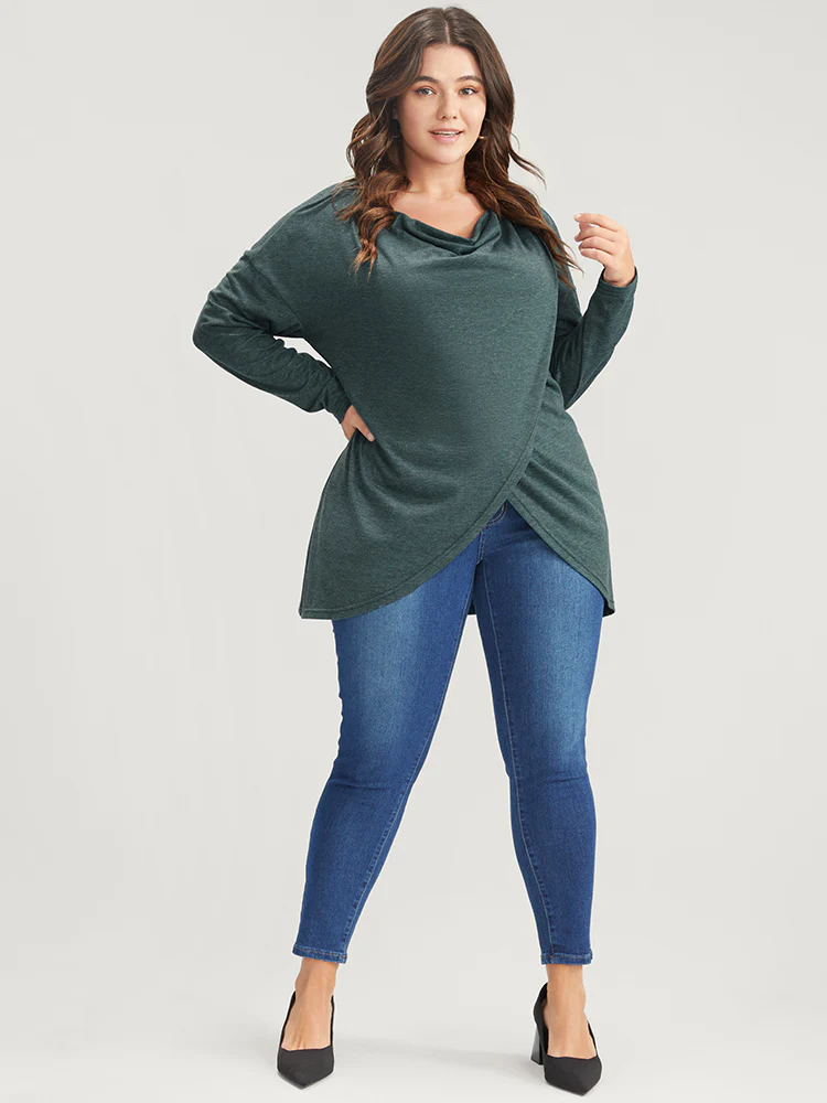 Solid Cowl Neck Asymmetrical Hem Long Tee - Image 3