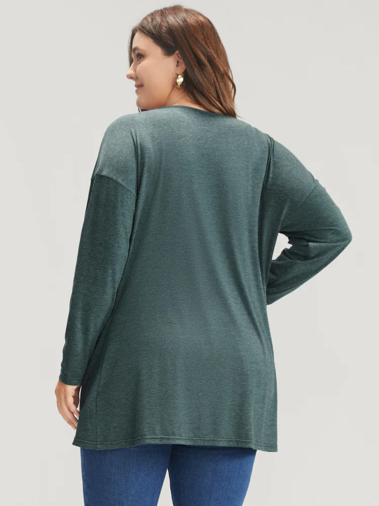 Solid Cowl Neck Asymmetrical Hem Long Tee - Image 4