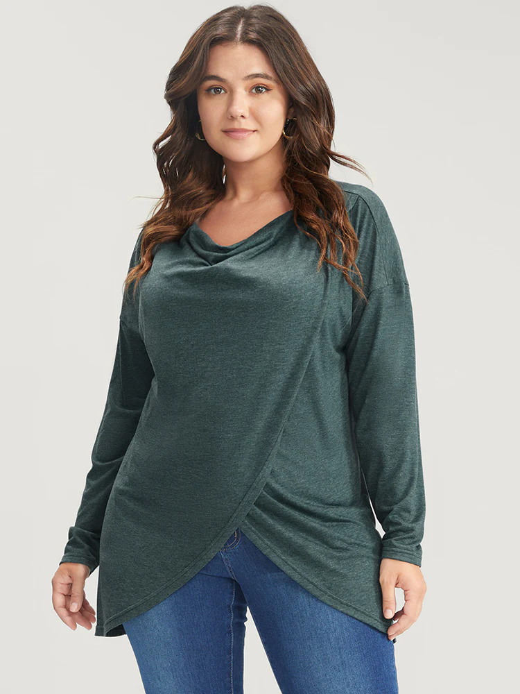 Solid Cowl Neck Asymmetrical Hem Long Tee - Image 5
