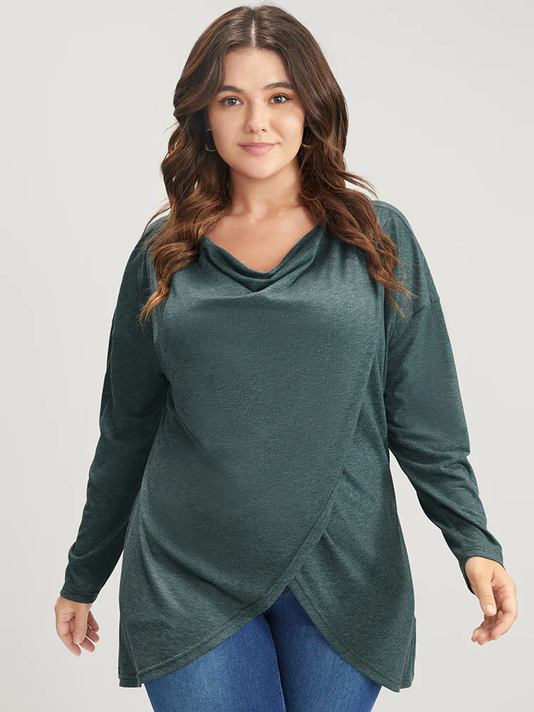 Solid Cowl Neck Asymmetrical Hem Long Tee - Image 6