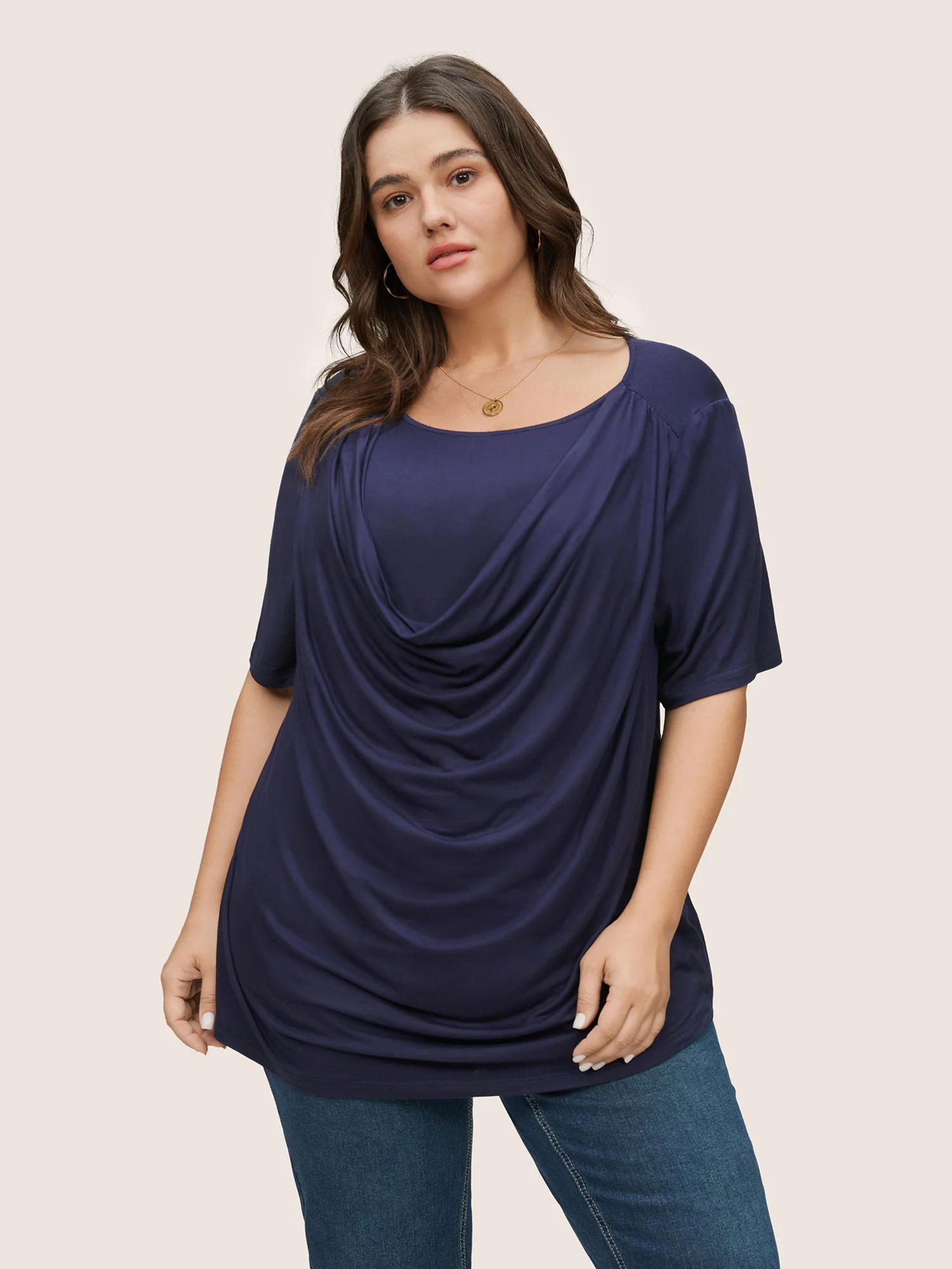Solid Cowl Neck Gathered T-shirt