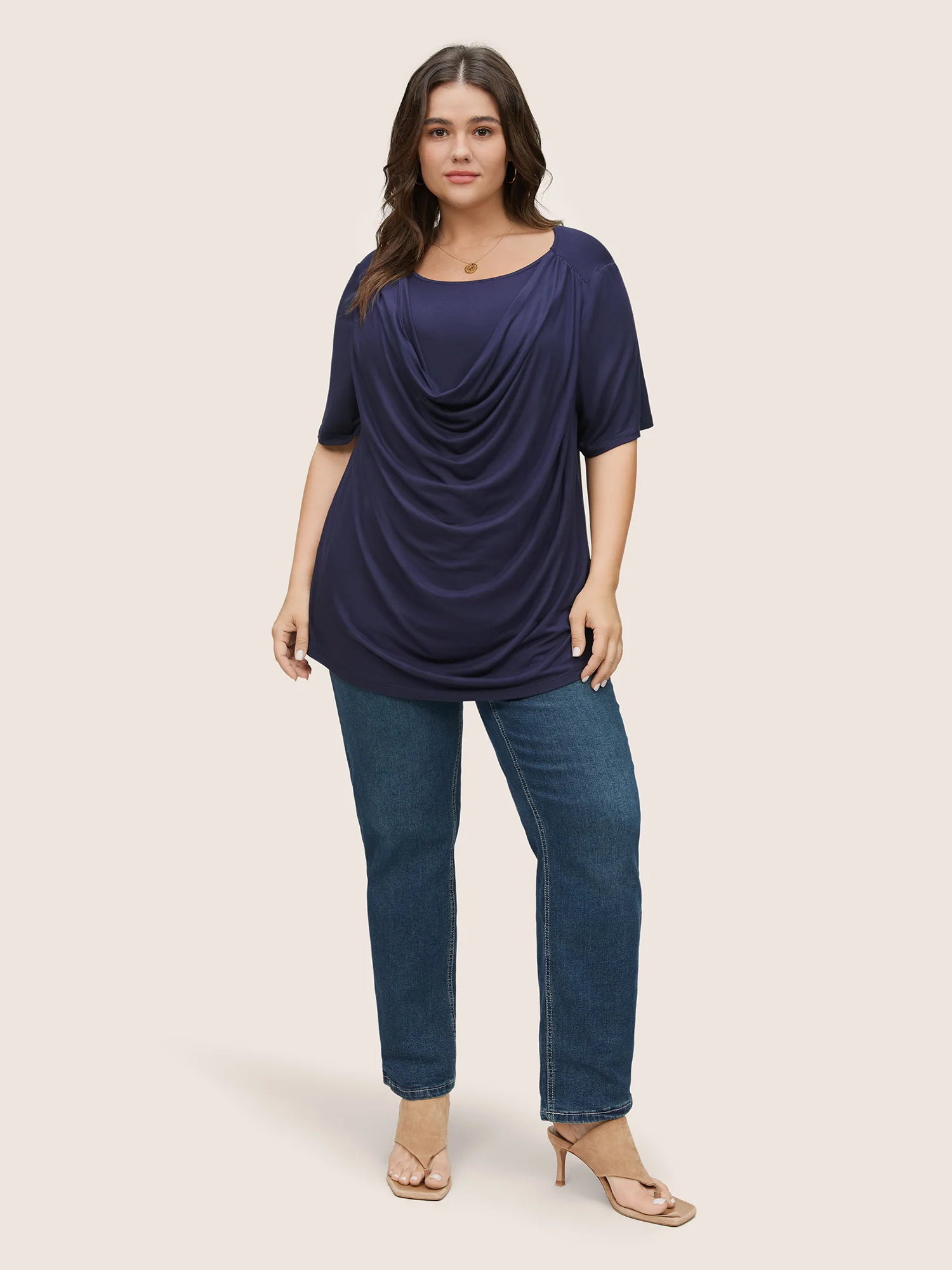 Solid Cowl Neck Gathered T-shirt - Image 3