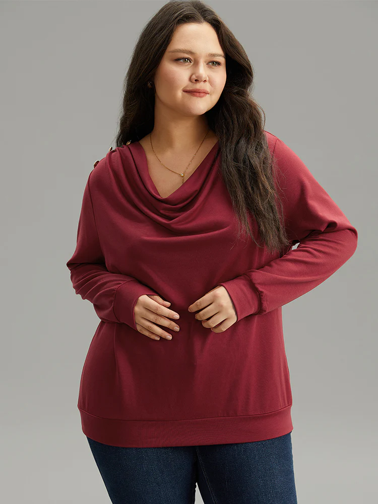 Solid Cowl Neck Metal Detail Sweatshirt