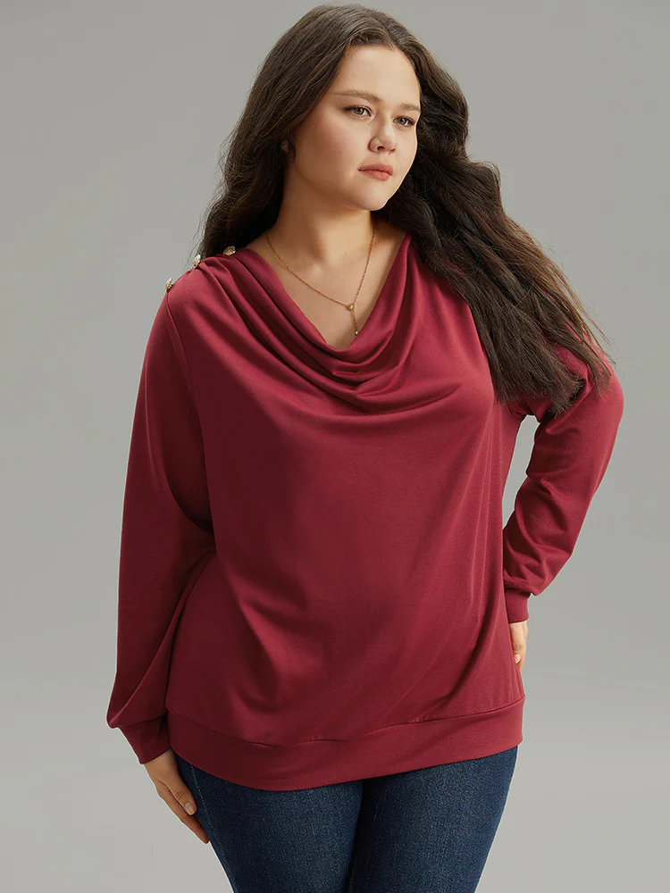 Solid Cowl Neck Metal Detail Sweatshirt - Image 2