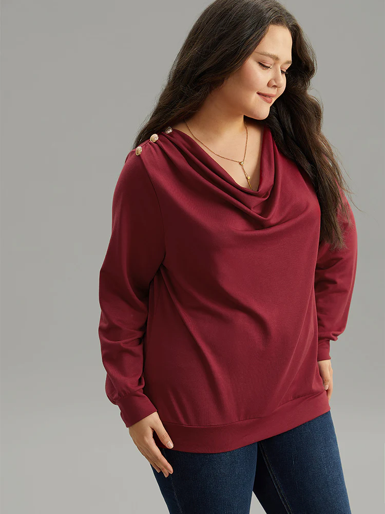 Solid Cowl Neck Metal Detail Sweatshirt - Image 3