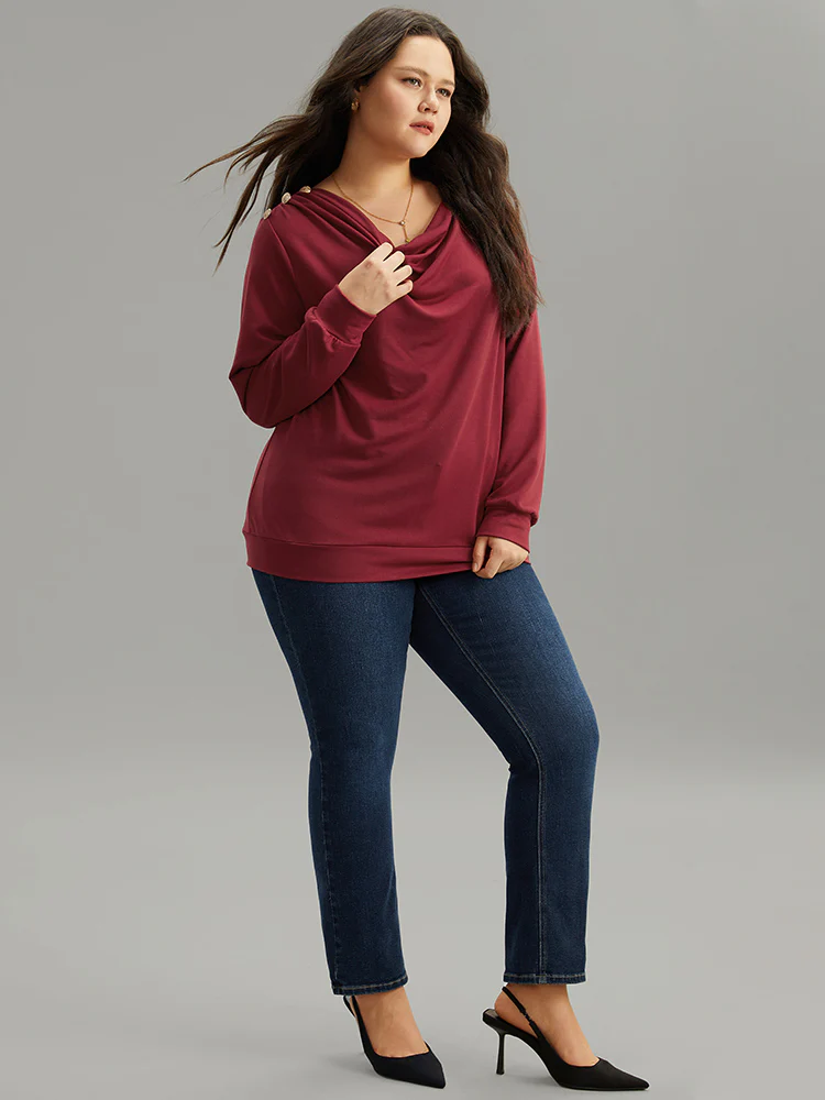 Solid Cowl Neck Metal Detail Sweatshirt - Image 5