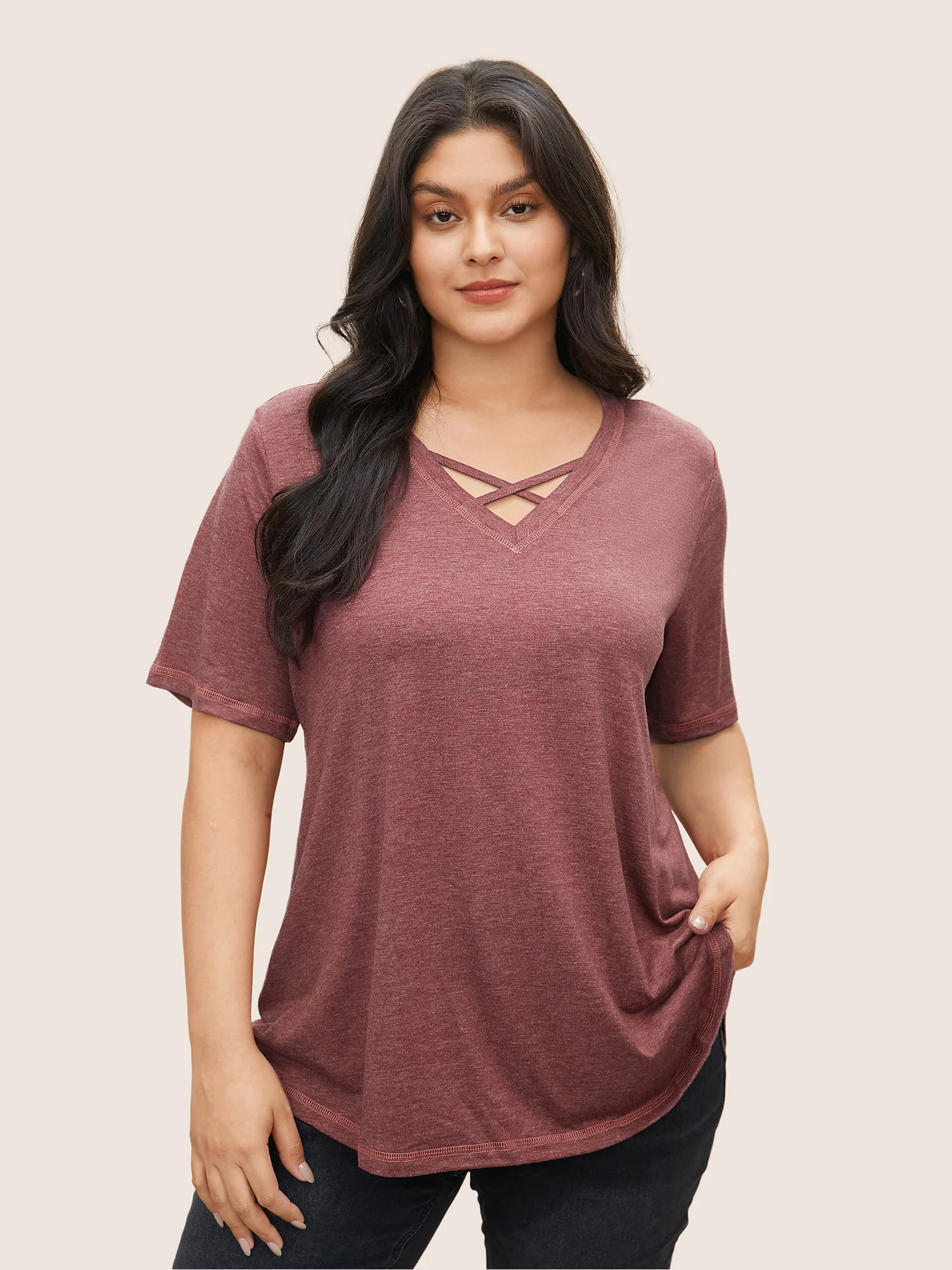 Solid Crisscross Neck Contrast Stitch T-shirt - Image 31