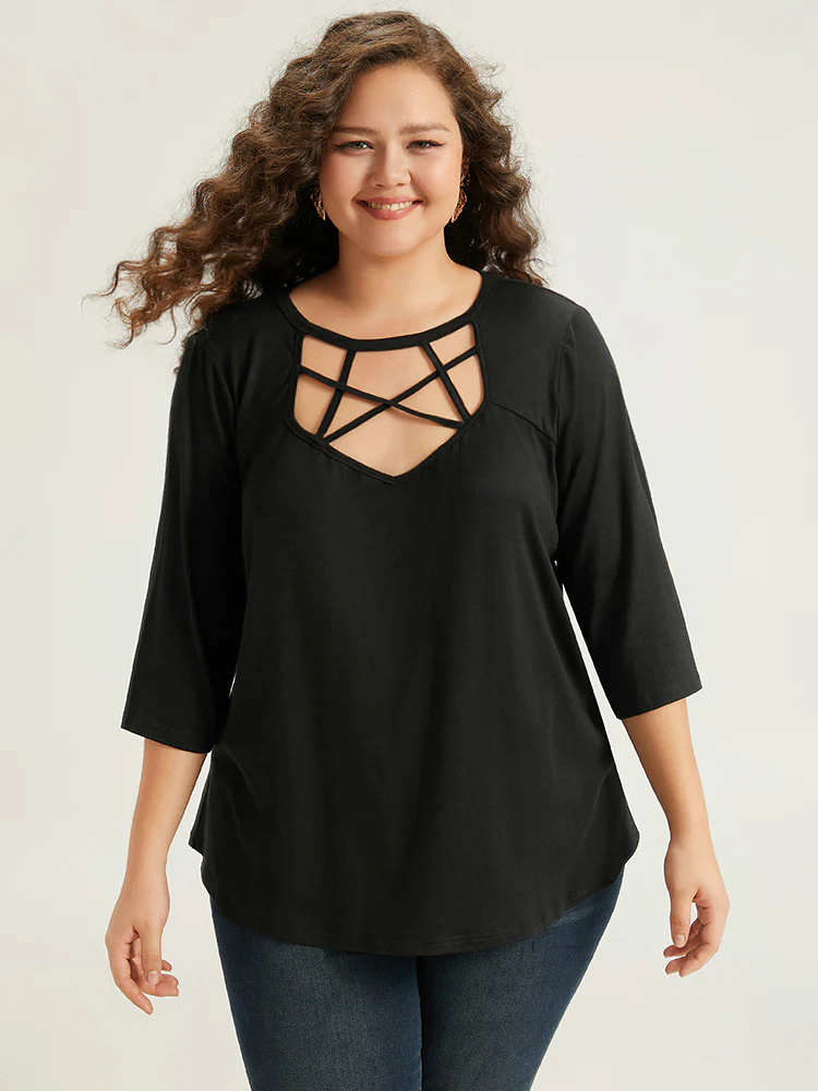 Solid Crisscross Neck Cut Out T-shirt - Image 2