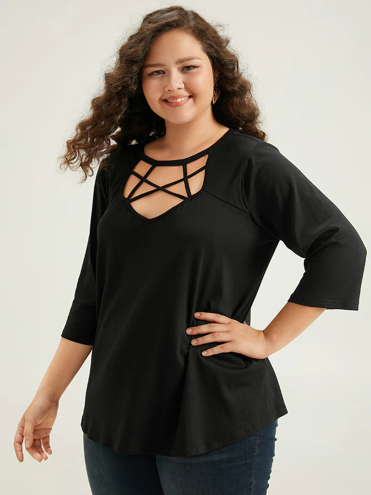Solid Crisscross Neck Cut Out T-shirt - Image 3