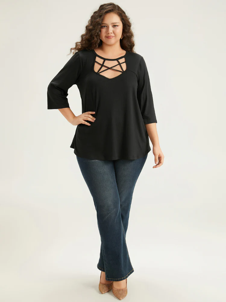 Solid Crisscross Neck Cut Out T-shirt - Image 4