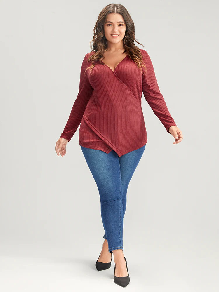 Solid Crisscross Rib Knit Long Tee - Image 2