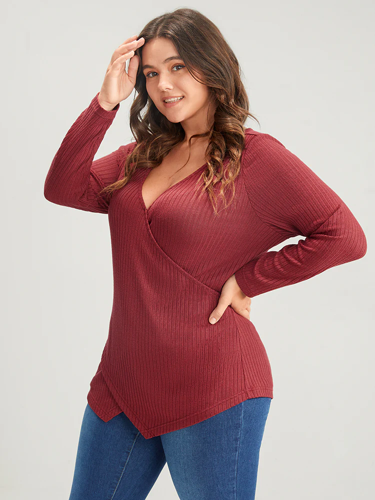 Solid Crisscross Rib Knit Long Tee - Image 4