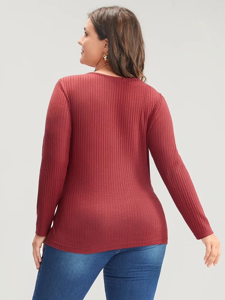 Solid Crisscross Rib Knit Long Tee - Image 5