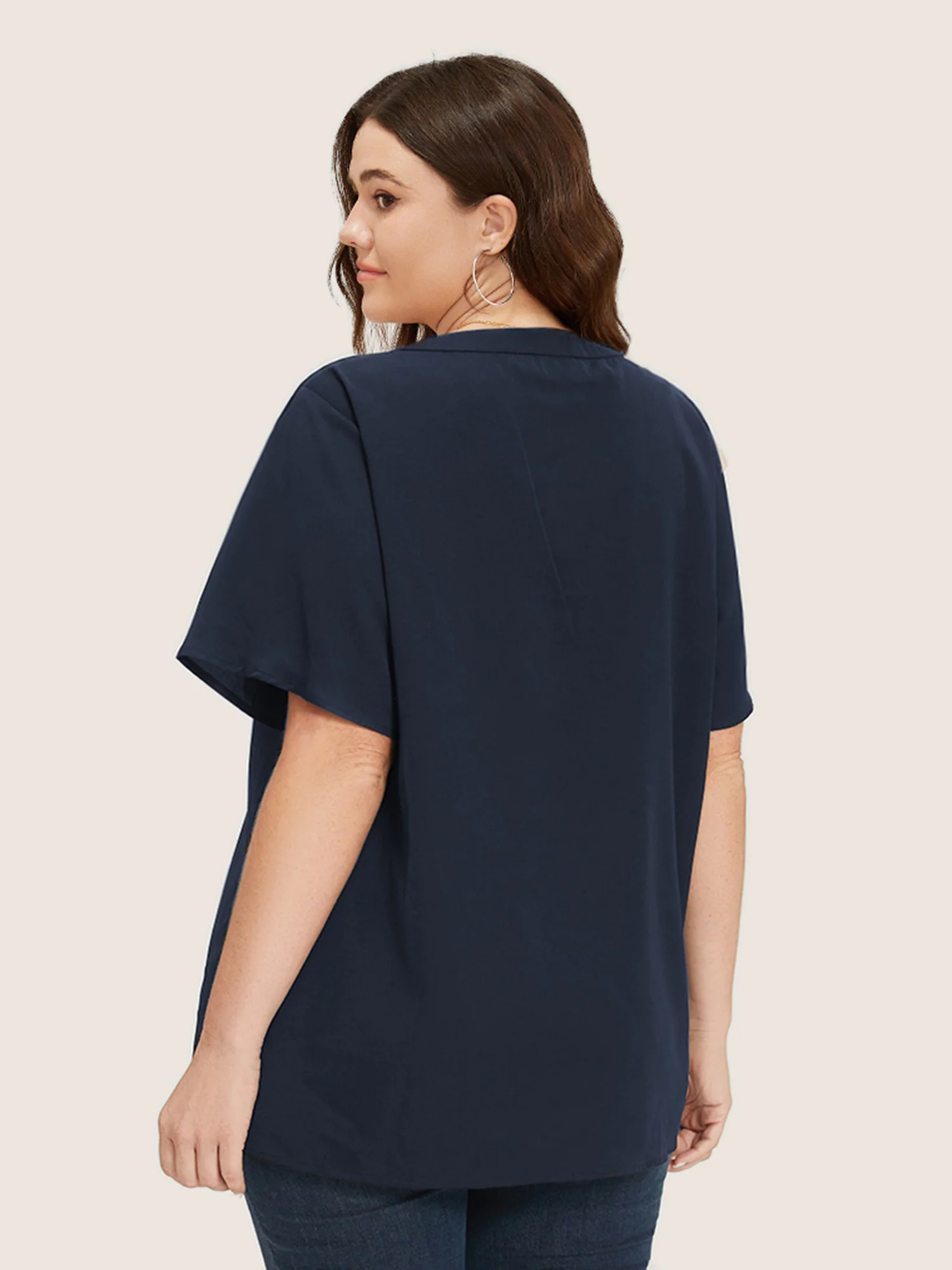 Solid Crisscross Notched Metal Decor Blouse - Image 2