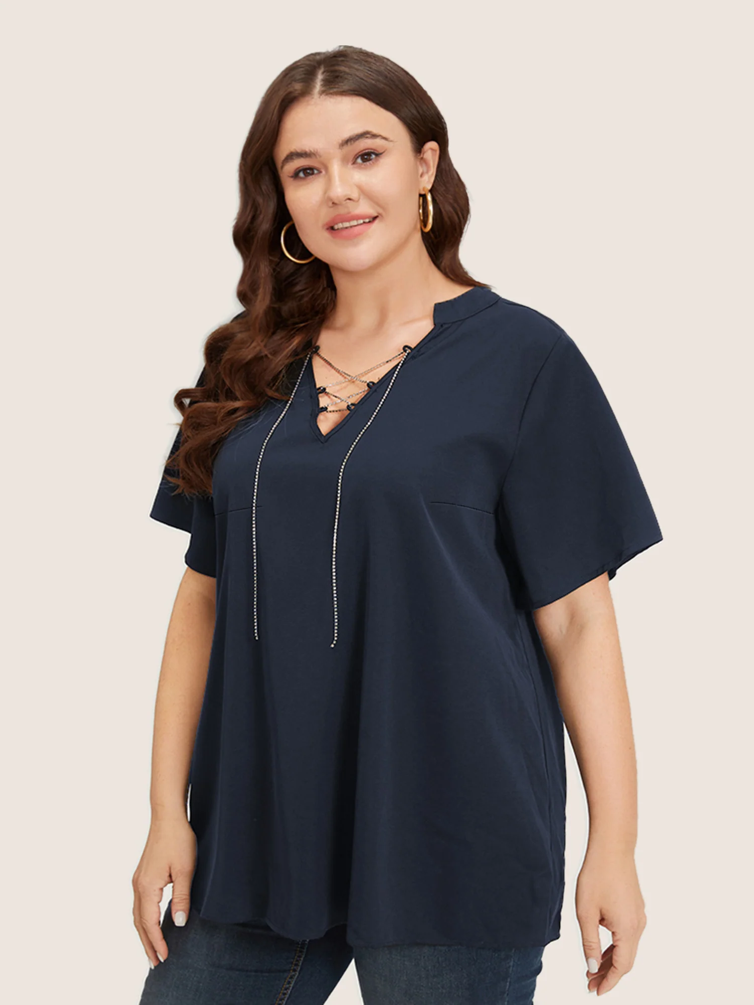 Solid Crisscross Notched Metal Decor Blouse - Image 3