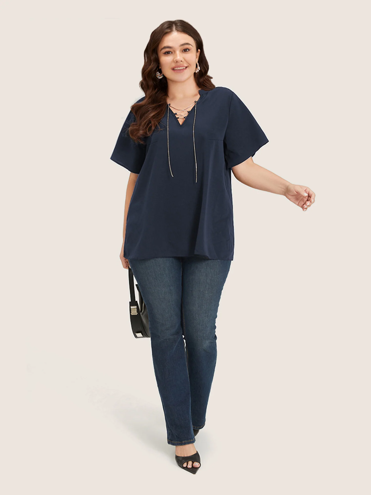 Solid Crisscross Notched Metal Decor Blouse - Image 4