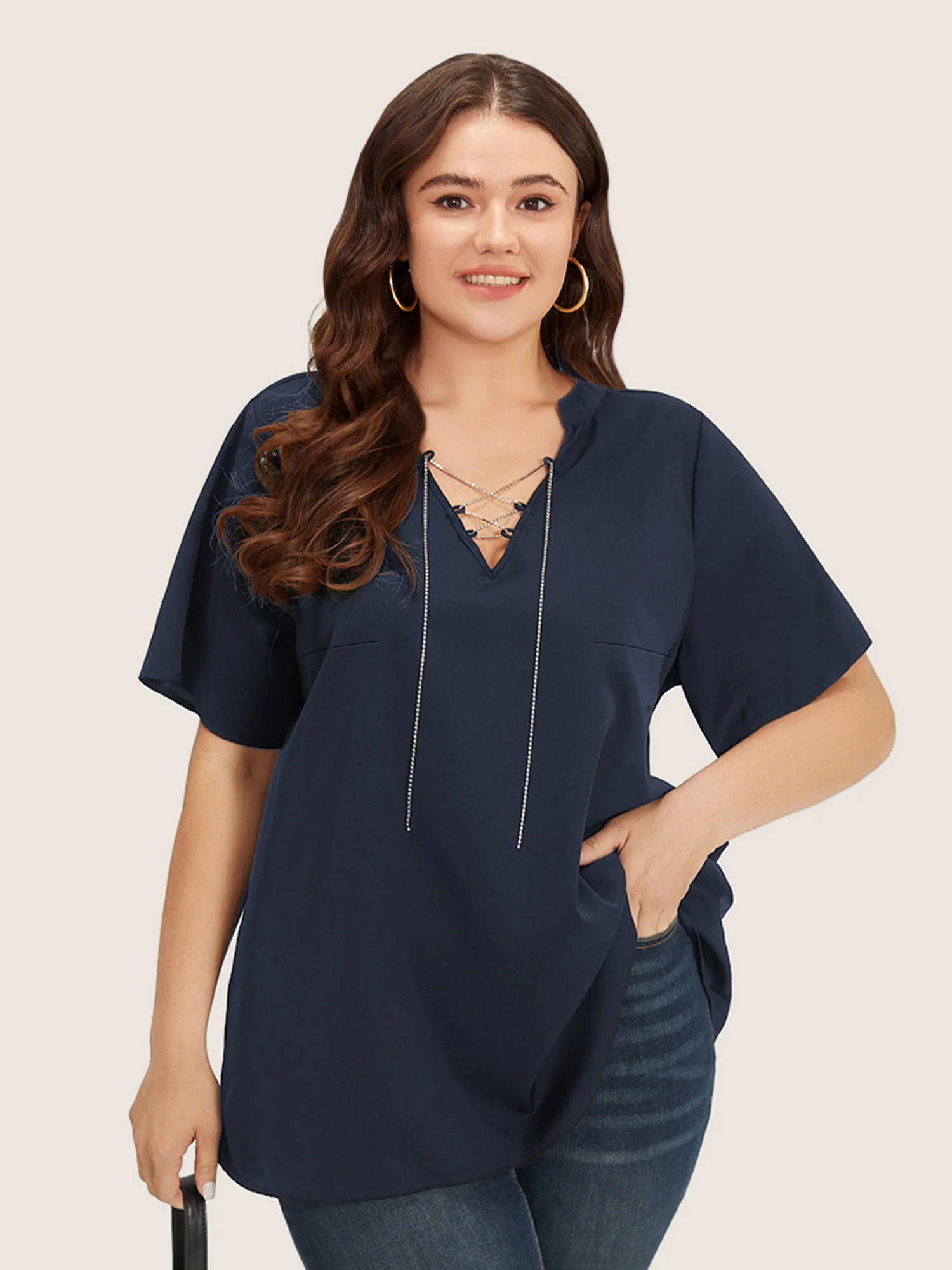 Solid Crisscross Notched Metal Decor Blouse - Image 5