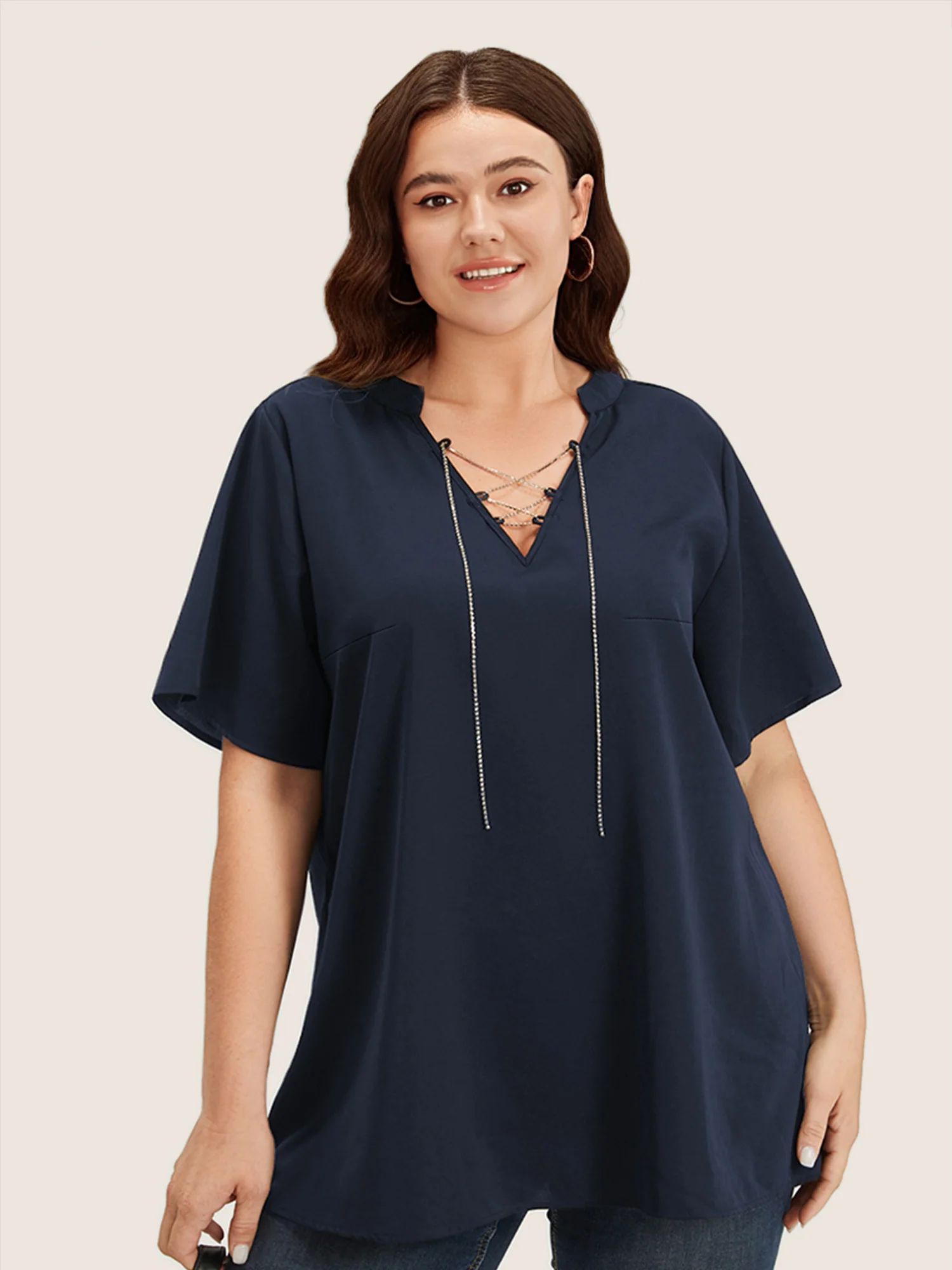 Solid Crisscross Notched Metal Decor Blouse - Image 6