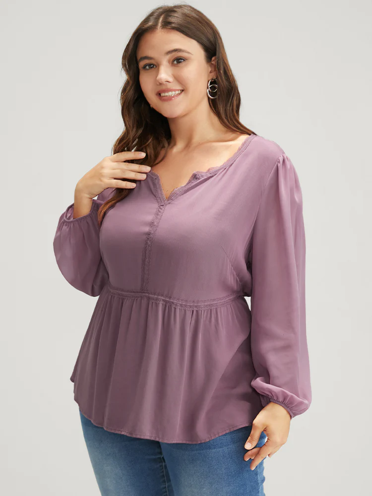 Solid Crochet Lace Lantern Sleeve Flutter Blouse - Image 2