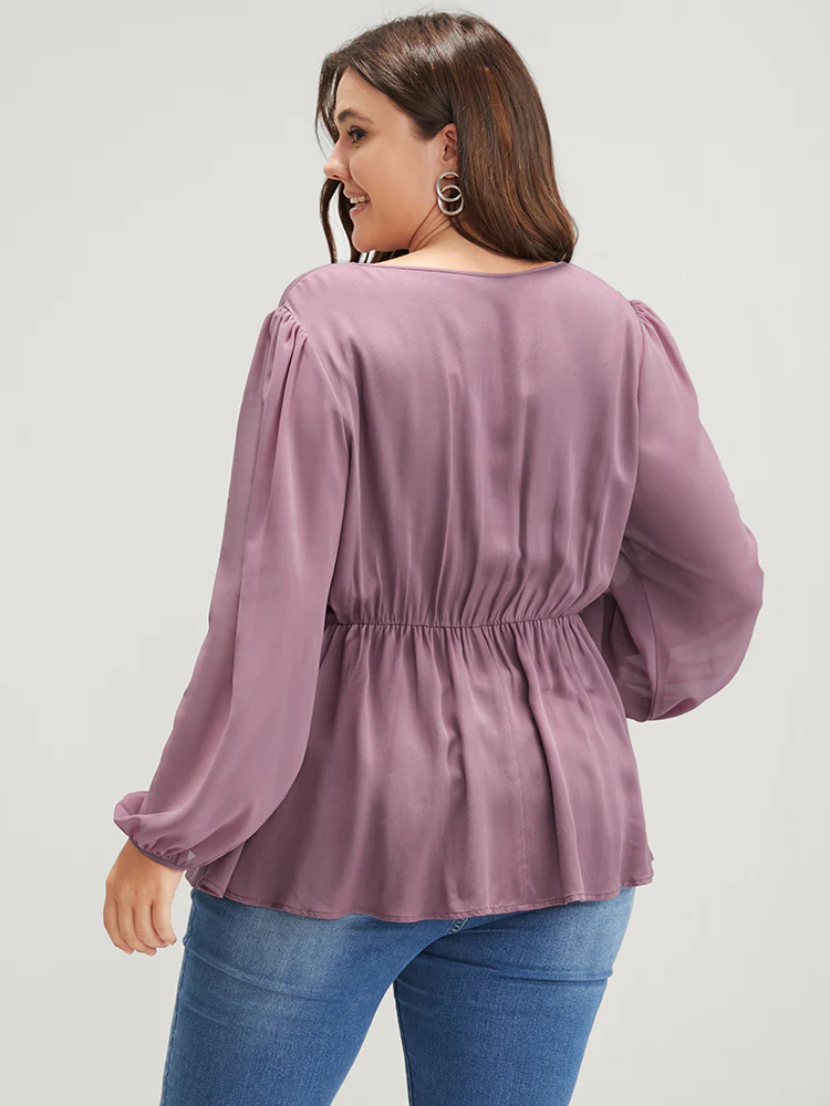 Solid Crochet Lace Lantern Sleeve Flutter Blouse - Image 5
