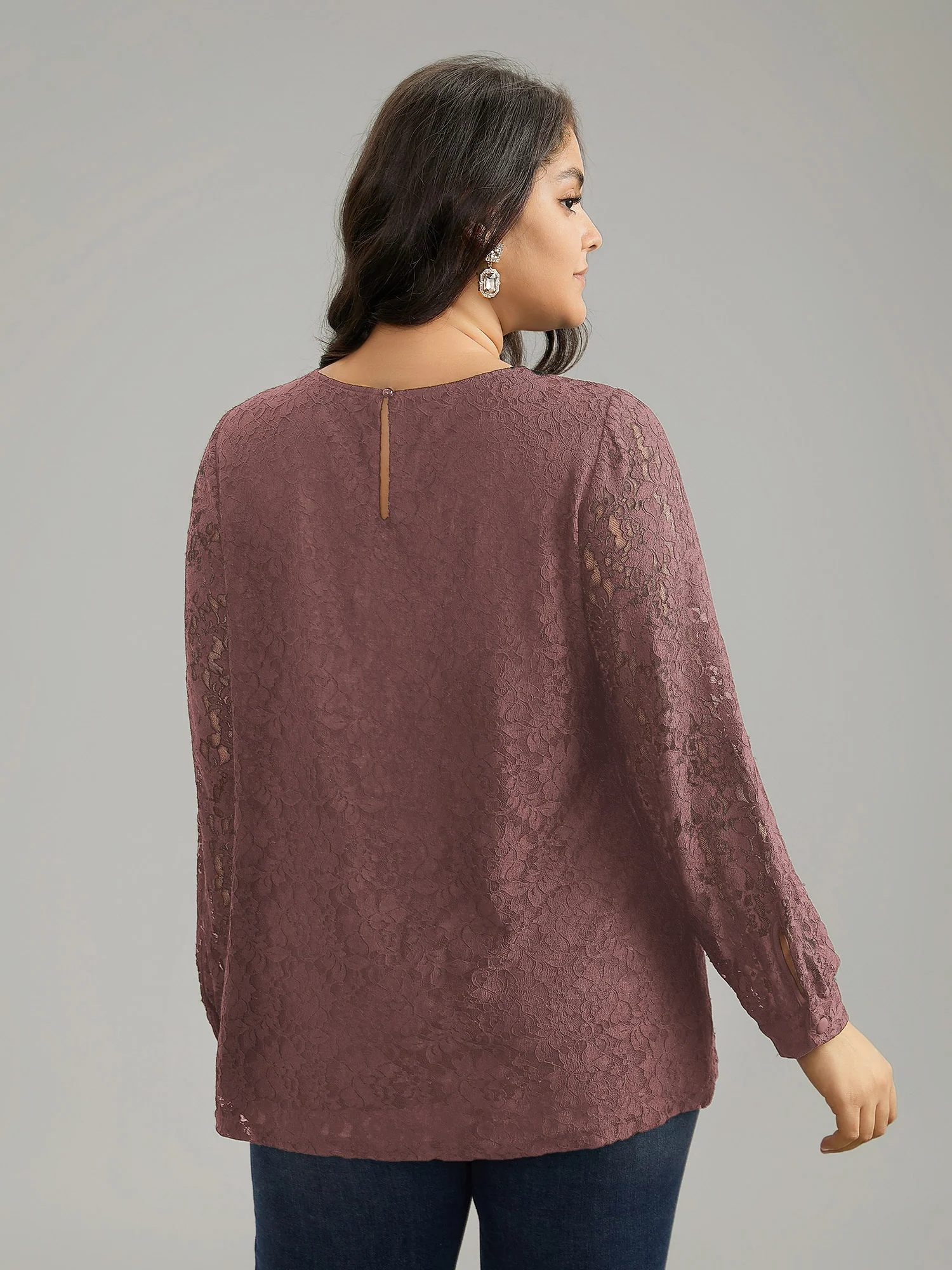 Solid Crochet Lace Mesh Crew Neck Blouse - Image 10