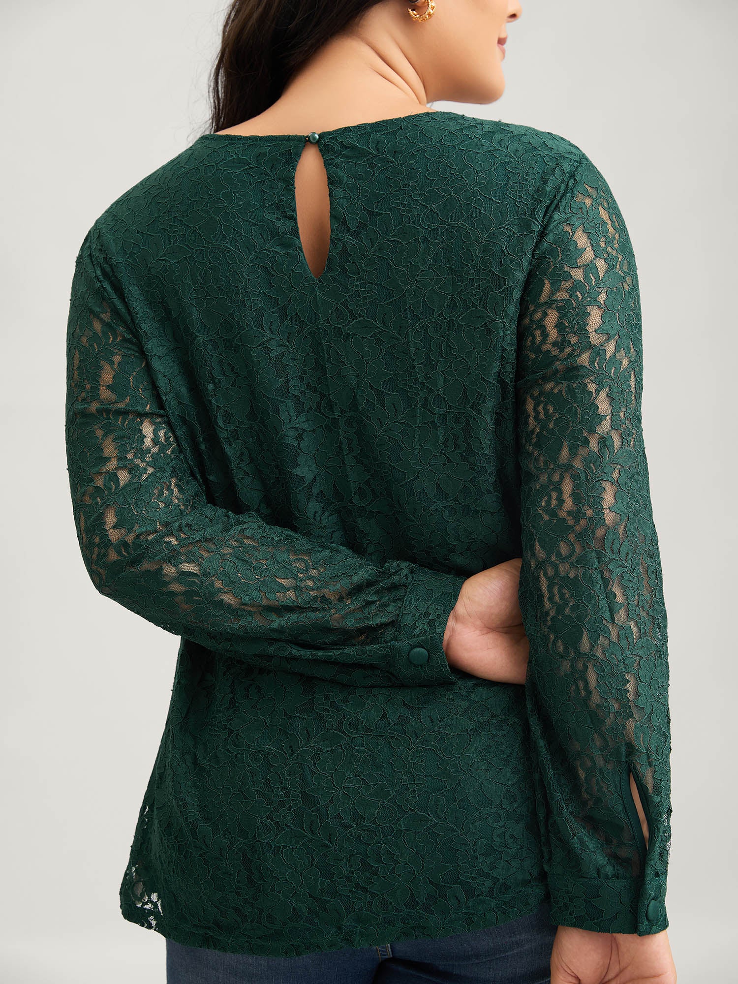 Solid Crochet Lace Mesh Crew Neck Blouse - Image 2