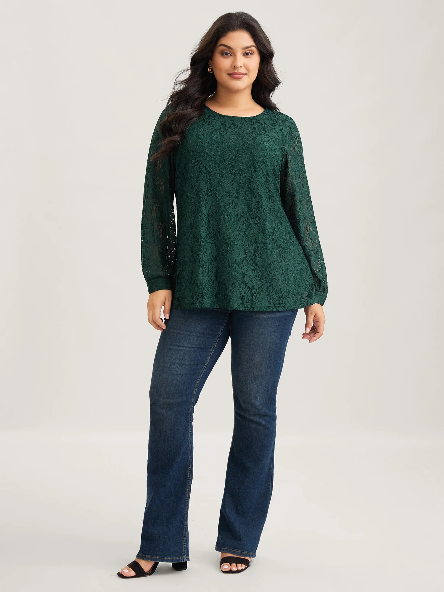 Solid Crochet Lace Mesh Crew Neck Blouse - Image 3