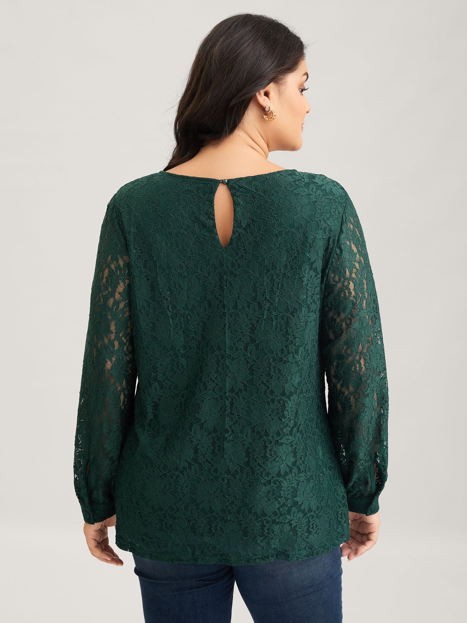 Solid Crochet Lace Mesh Crew Neck Blouse - Image 4