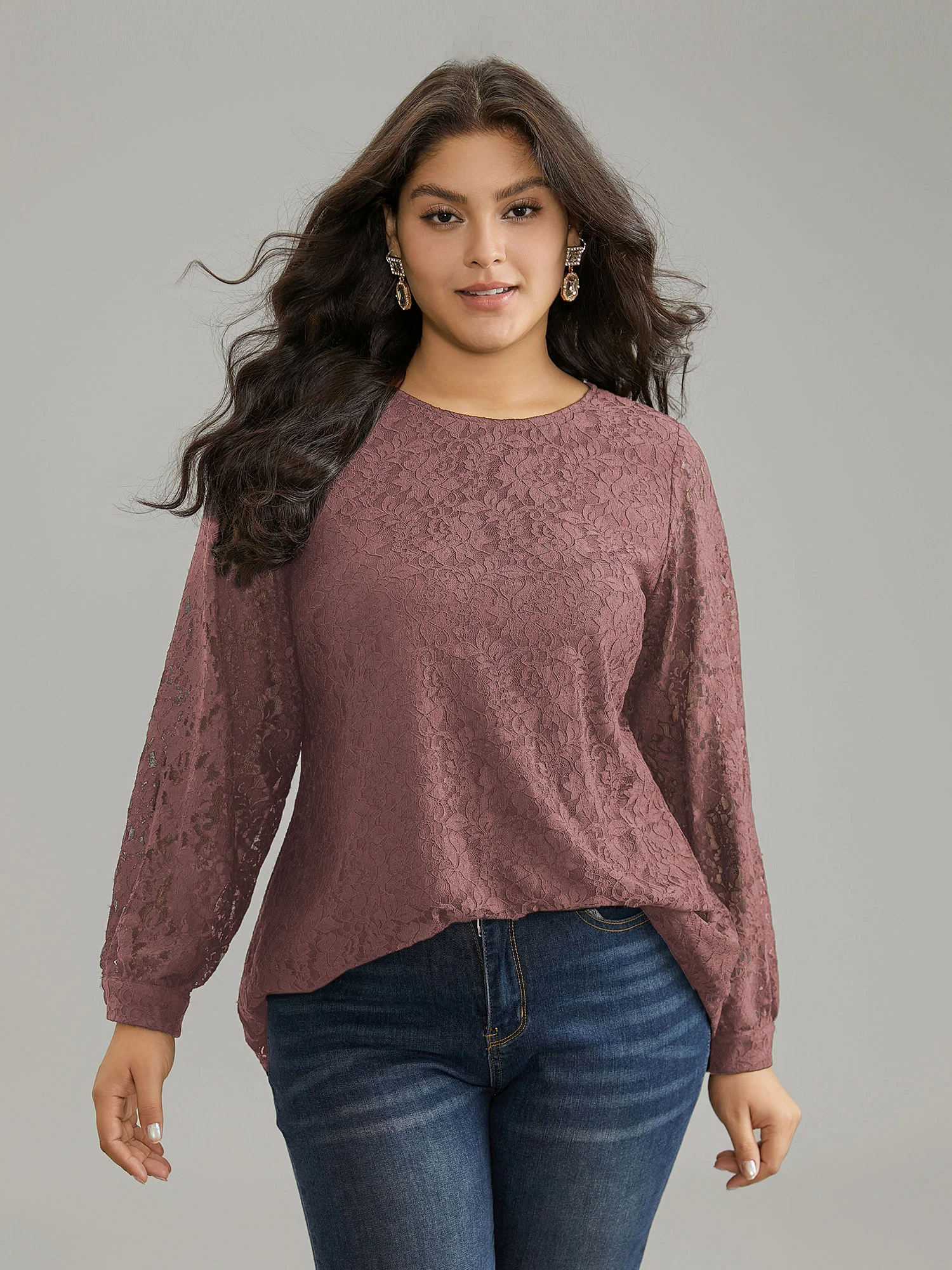 Solid Crochet Lace Mesh Crew Neck Blouse - Image 8