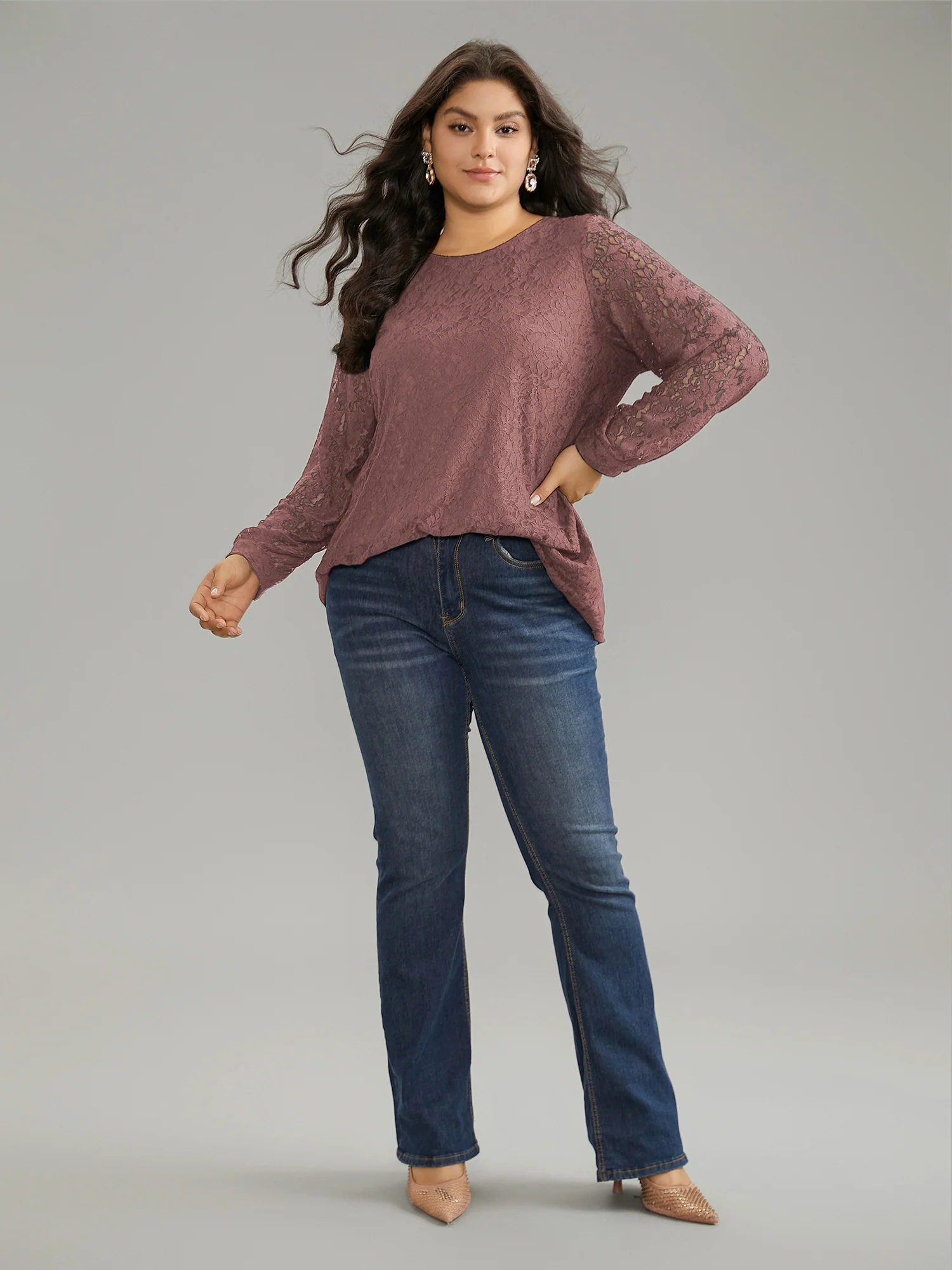 Solid Crochet Lace Mesh Crew Neck Blouse - Image 9