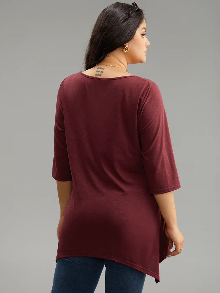 Solid Crochet Lace Mesh Hanky Hem T-shirt - Image 2