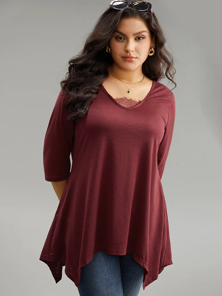 Solid Crochet Lace Mesh Hanky Hem T-shirt - Image 3