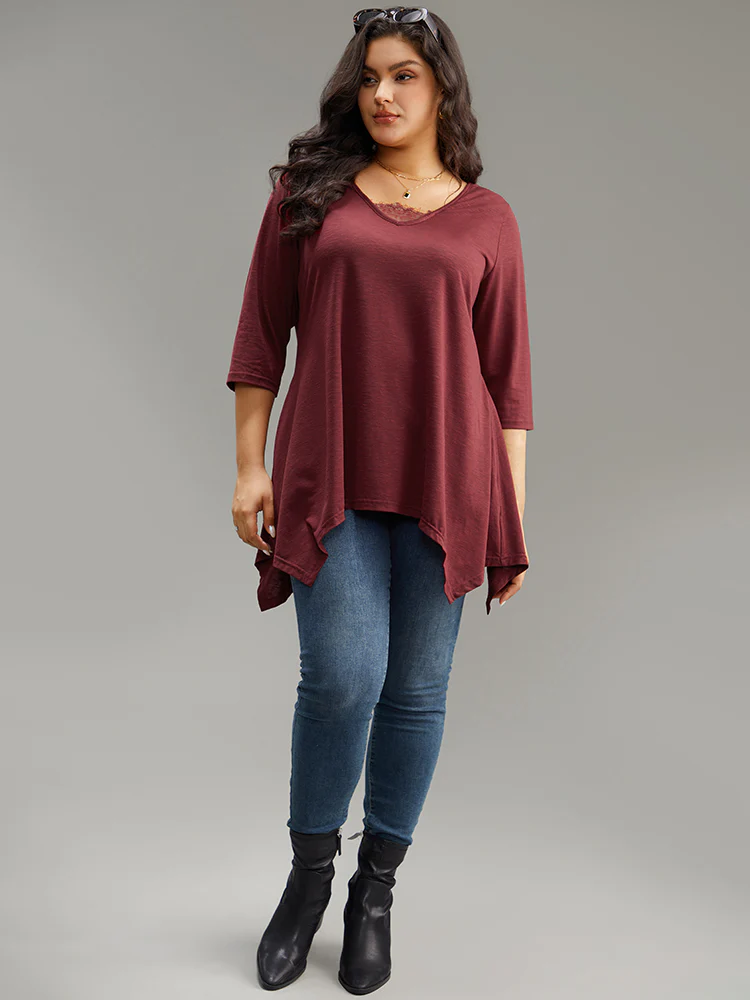 Solid Crochet Lace Mesh Hanky Hem T-shirt - Image 4